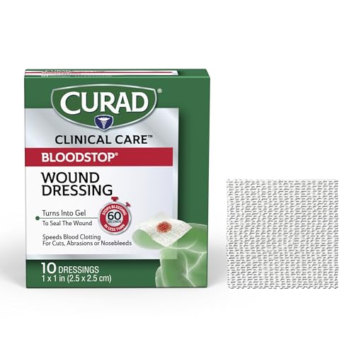 CURAD BloodStop Wound Dressing 1 x 1 Hemostatic Gauze Helps Stop Bleeding Quickly For Cuts Abrasions or Nosebleeds 10 Count